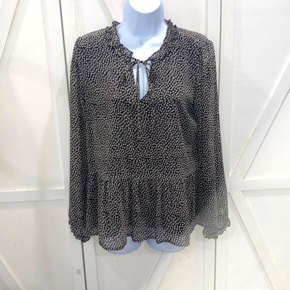 Loft Floral Blouse Black White Long Sleeve Key Hole Detail Size Small - Picture 1 of 9